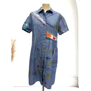 Fort Makers The Dress Project Women 8 Denim Shirt Dress Paint Splash Artsy Rare‎